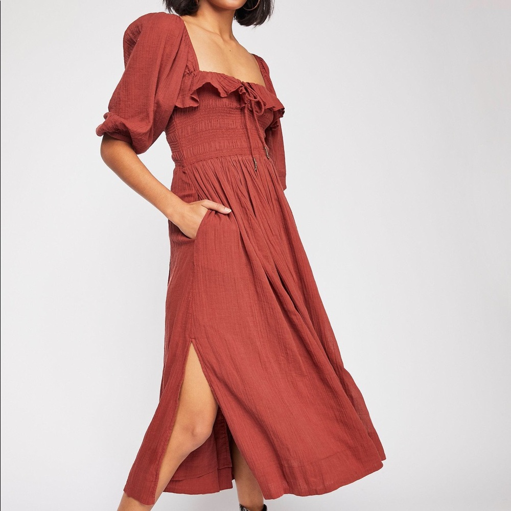 Free People Shiny Oasis Midi Dress in Terra Cotta